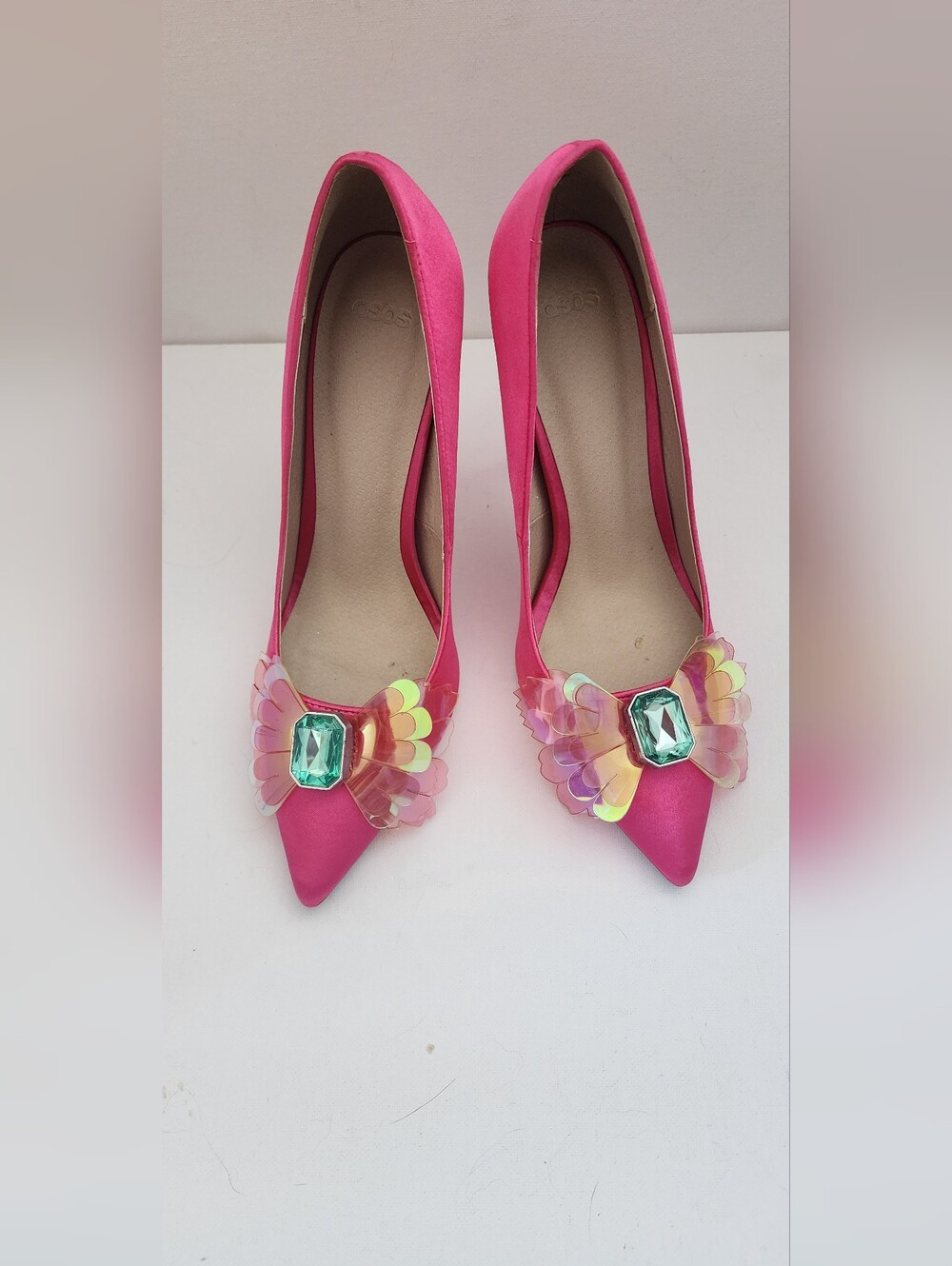 ASOS Hot Pink Satin Pointed-Toe Stiletto Pumps with Gem & Sequin Detail
